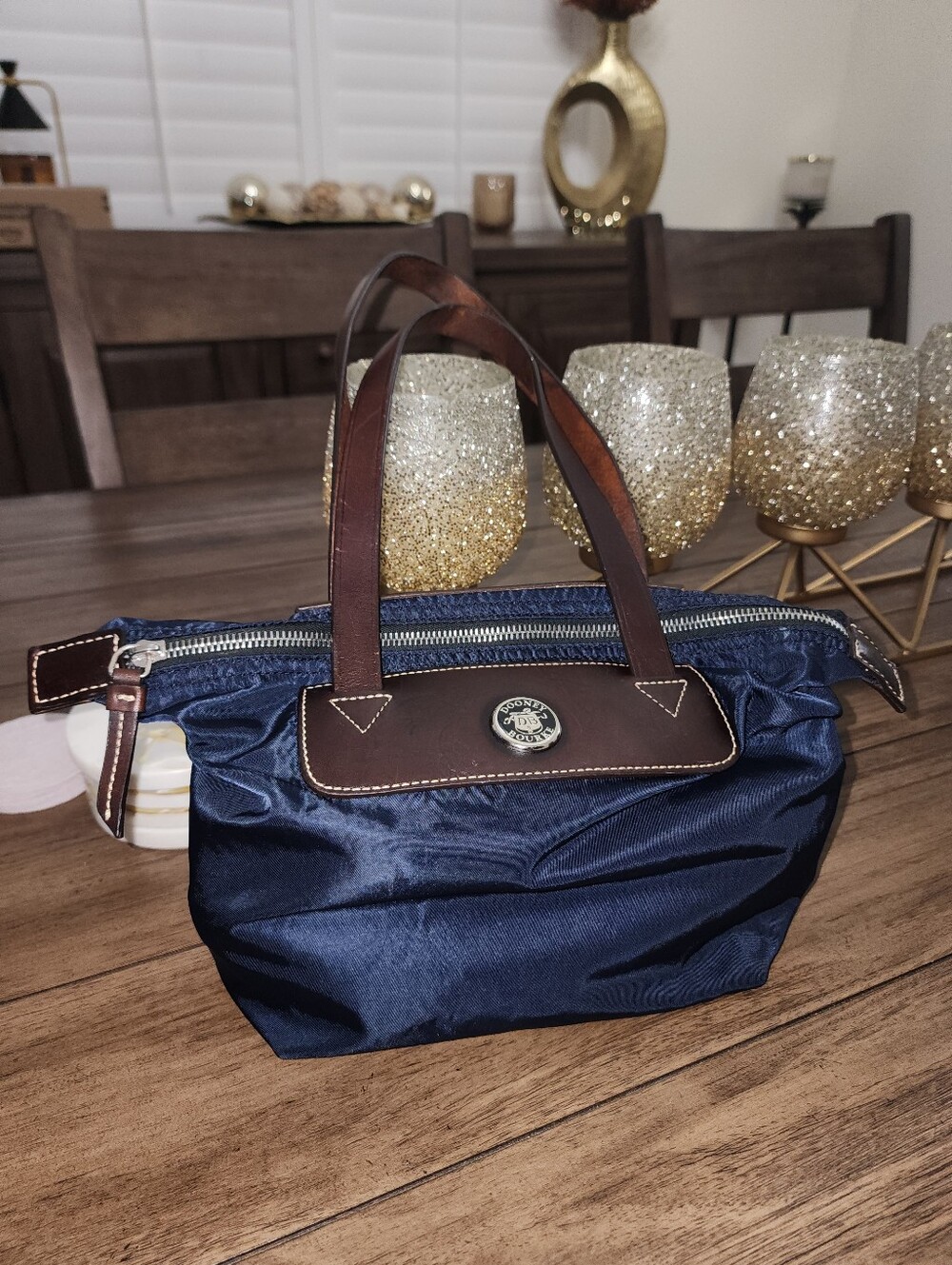 Dooney & Bourke Small Navy Handbag with Brown Leather Trim-vintage